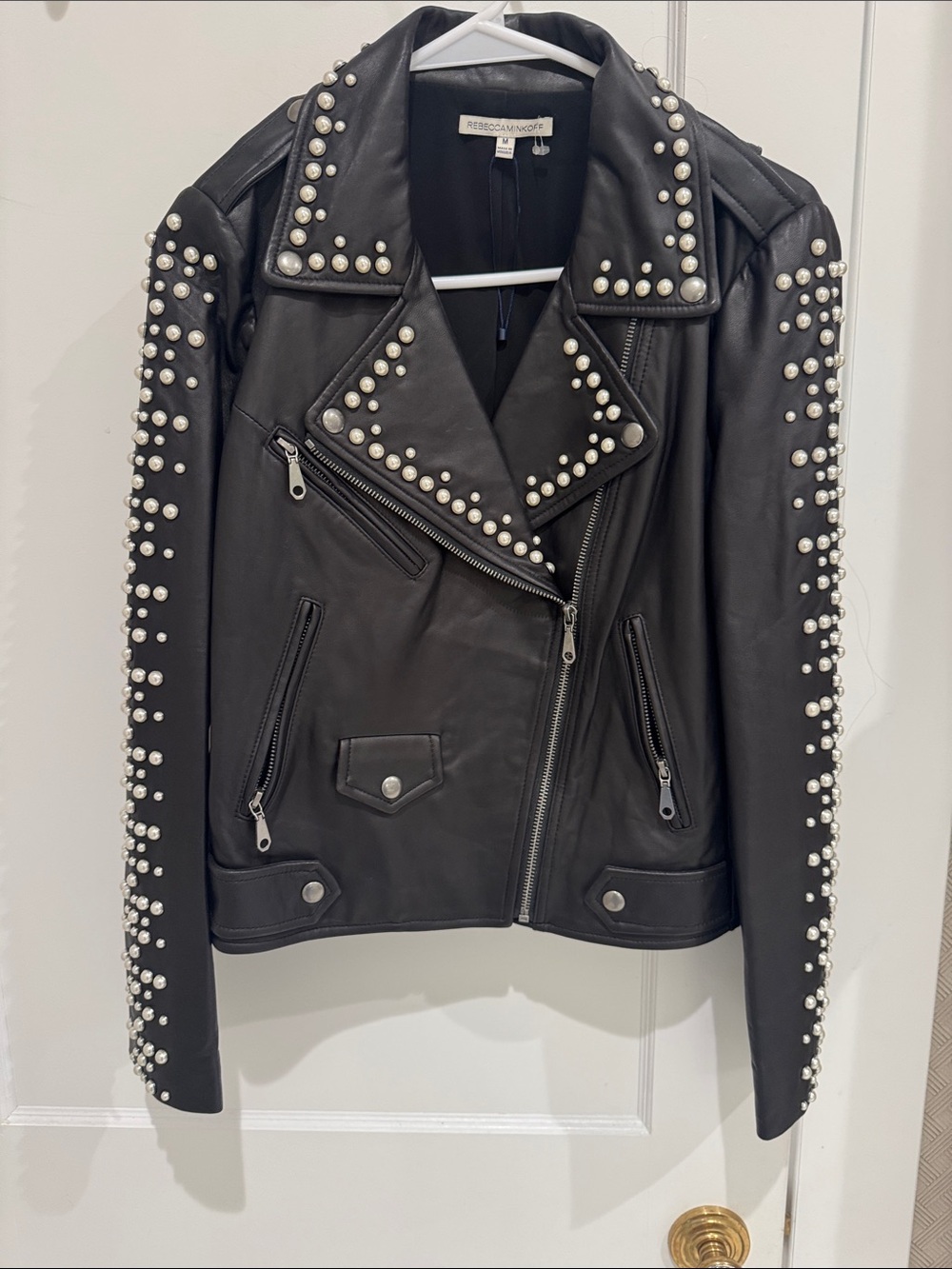 Rebecca Minkoff Black Pearl-Studded Leather Moto Jacket Size M